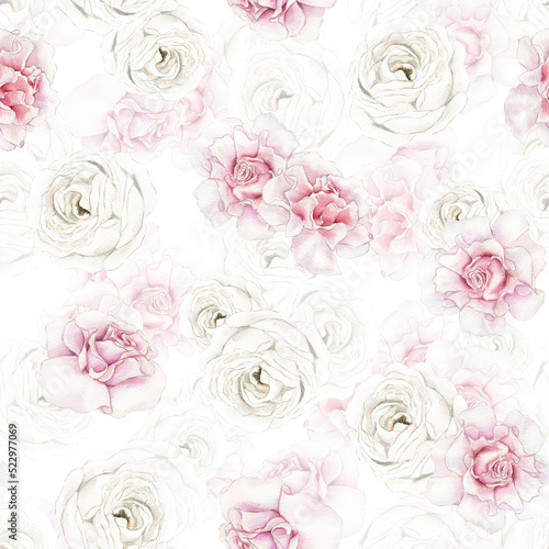 Watercolor seamless floral pattern with garden pink and white flowers, elegant roses blossom. Perfect for wallpaper, wrapping paper, fabric, wedding design, digital paper.