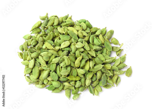 Pile of dry cardamom seeds on white background, top view