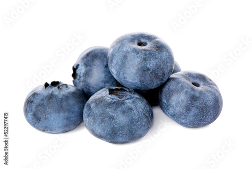 Pile of tasty fresh ripe blueberries on white background