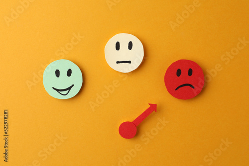 Mood indicator on yellow background, flat lay. Emotional management