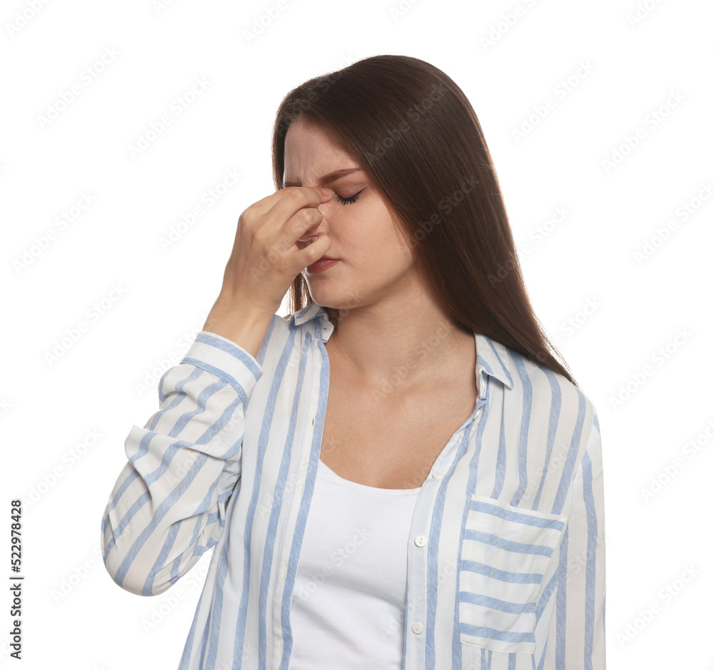 Young woman suffering from eyestrain on white background Young woman suffering from eyestrain on white background
