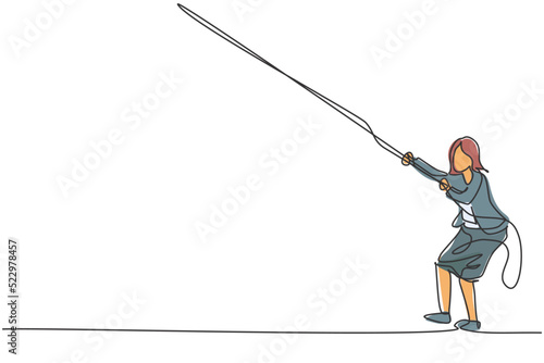 Continuous one line drawing of young female entrepreneur pulling rope to reach goal, metaphor. Success business manager minimalist concept. Trendy single line draw design vector graphic illustration