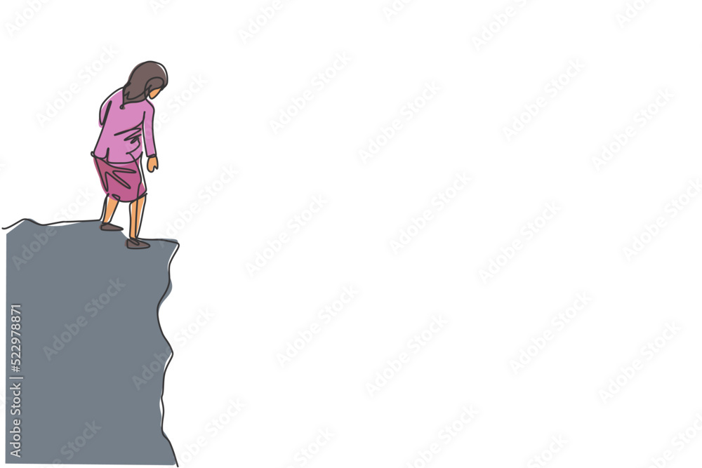 Single one line drawing of young smart businesswoman looking down from