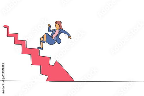 Single continuous line drawing of young beauty businesswoman slip and falling down from upstairs. Bankruptcy metaphor. Minimalism concept dynamic one line draw graphic design vector illustration