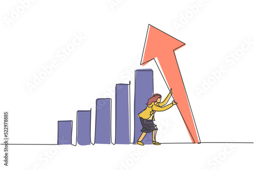 Single one line drawing of young smart businesswoman erecting pole arrow symbol up. Business finance growth graph bar minimal concept. Modern continuous line draw design graphic vector illustration