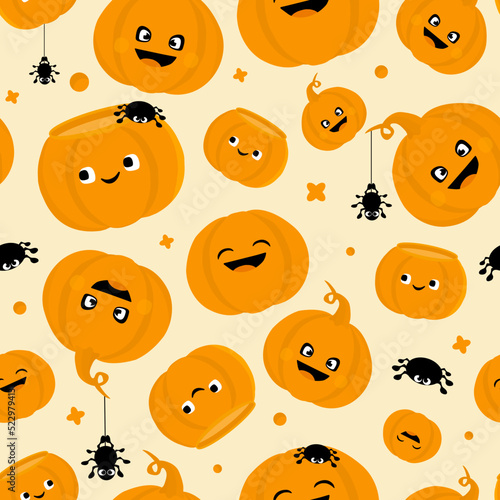 Happy Halloween Seamless pattern with cute pumpkins and spiders . Festive texture for kids holiday celebration with cartoon pumpkins and spiders