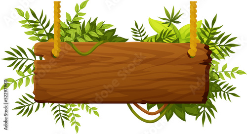 Cartoon wooden sign board with green lina leaves
