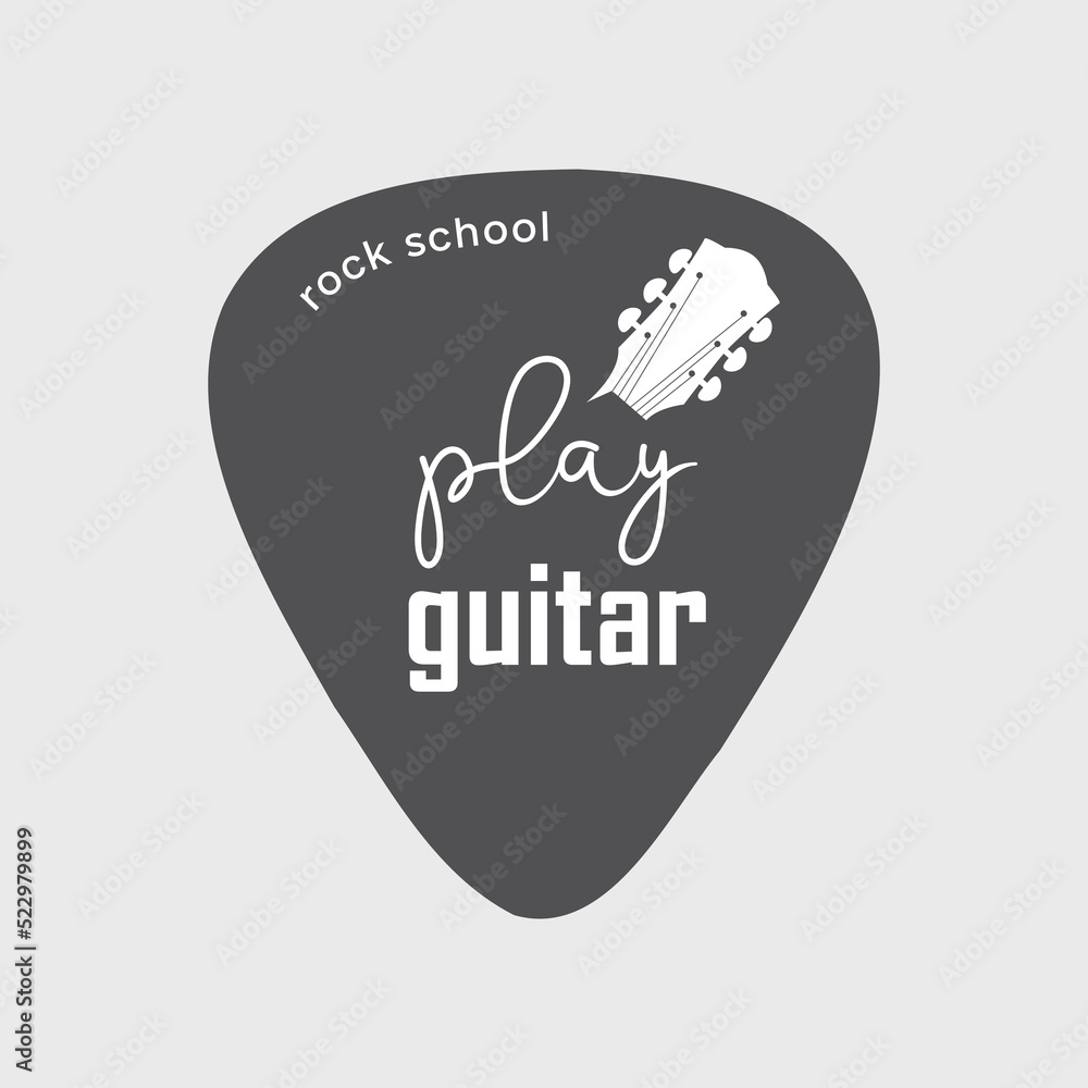 Play guitar rock school logo. Guitar pick shape. Guitar headstock Play guitar rock school logo. Guitar pick shape. Guitar headstock