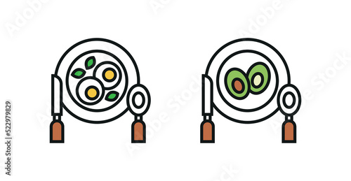 vector illustration. breakfast. avocado and eggs. knife and spoon. a plate of food. lunch. icon. set, tableware