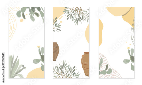 Modern summer vertical abstract background template with prickly pear cactus, agave, and olive branches. Vector illustration.