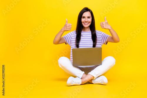 Photo of charming positive lady sit empty space two arm demonstrate approval yes symbol quality device isolated on yellow color background © deagreez