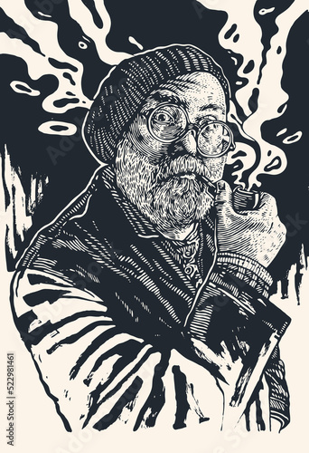 Middle-aged Man In Round Glasses With Moustaches, Gray Beard and Smoking Pipe. vector illustration.