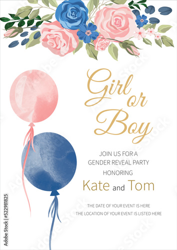 Gender reveal party invitation. boy or girl. watercolor pink and blue balloons with flowers and ribbons. Banner and poster, background with balloons on the ribbon. Vector illustration