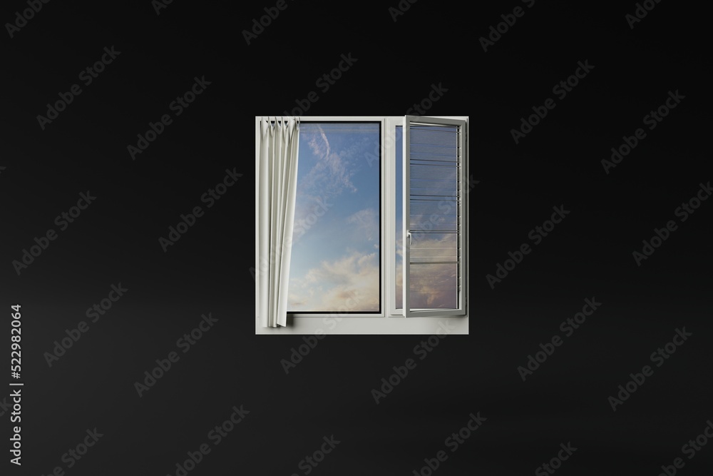 An isolated window against a dark background and with sky as a look. Concept of looking at the world, new day. 3d render An isolated window against a dark background and with sky as a look. Concept of looking at the world, new day. 3d render