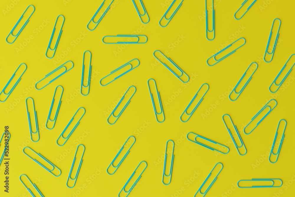 Yellow office paper clips on a blue background. Concept of office work, creativity. 3d render, 3d illustration. Yellow office paper clips on a blue background. Concept of office work, creativity. 3d render, 3d illustration.