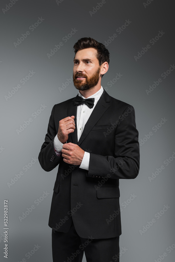 smiling man with beard standing in elegant suit with bow tie isolated on grey. smiling man with beard standing in elegant suit with bow tie isolated on grey.