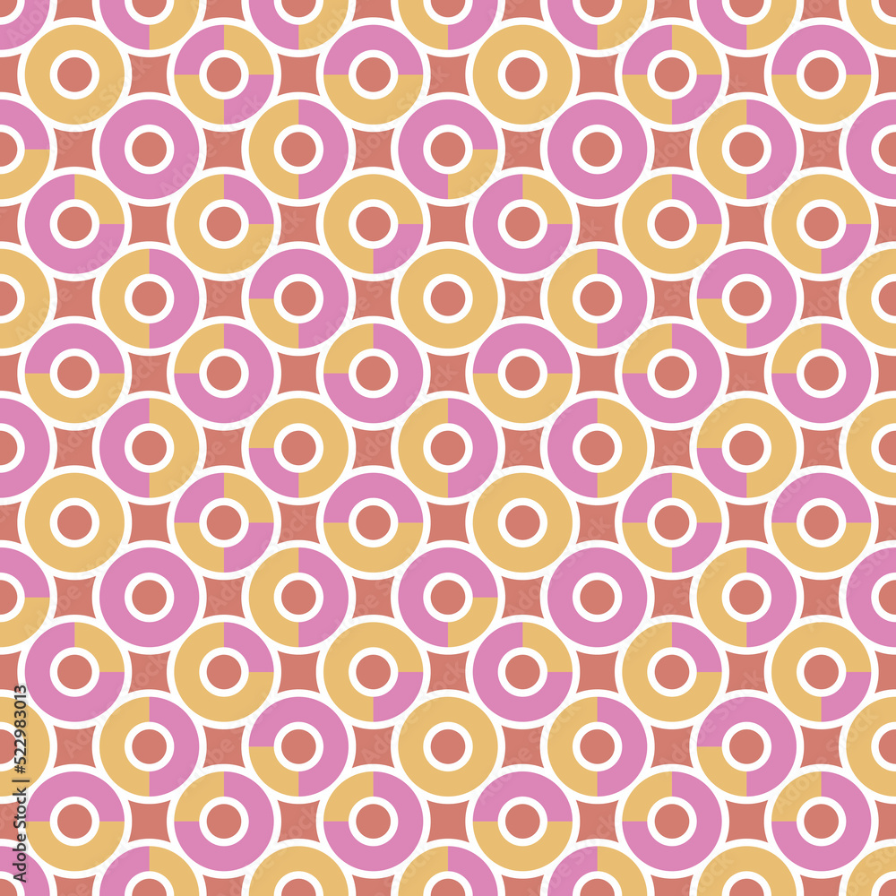 Geometric seamless vector pattern with simple regular background with colourful circles. Truchet illustration with minimal shapes for prints, home decor and fashion fabrics.