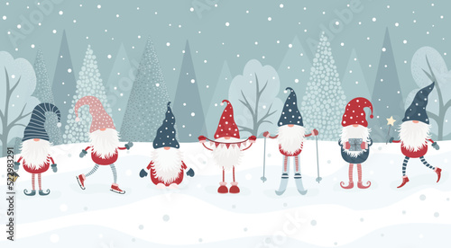 Christmas card with cute scandinavian gnomes.