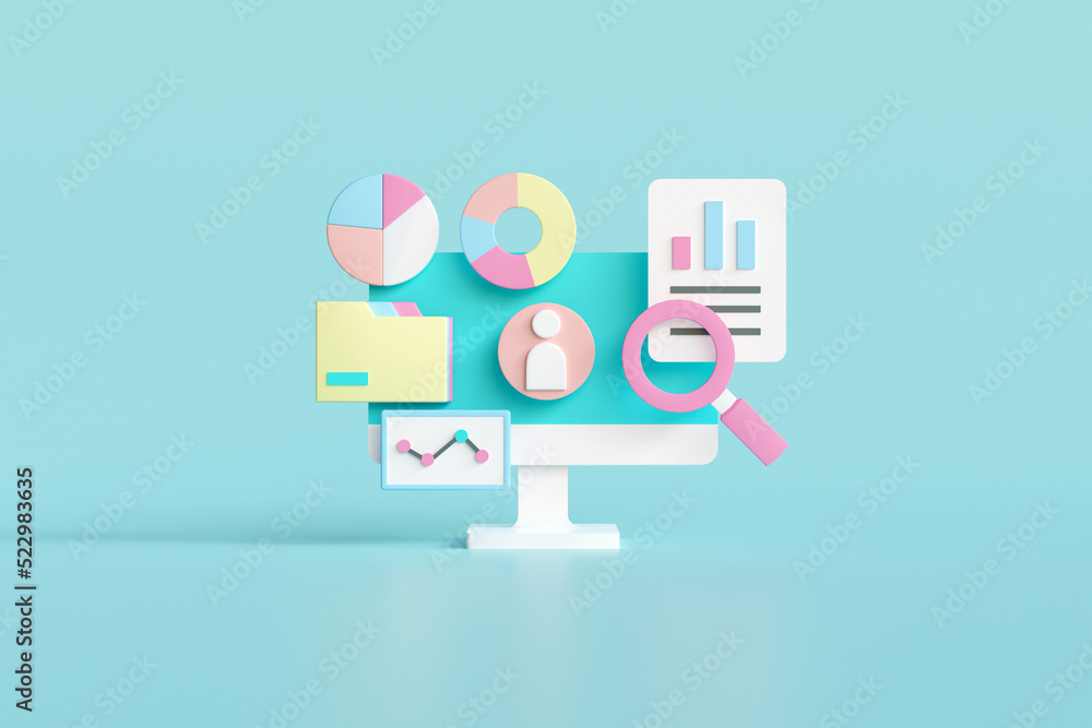 Business analysis, market research, product testing, data analysis. web report dashboard monitor and business finance investment concept. 3D illustration