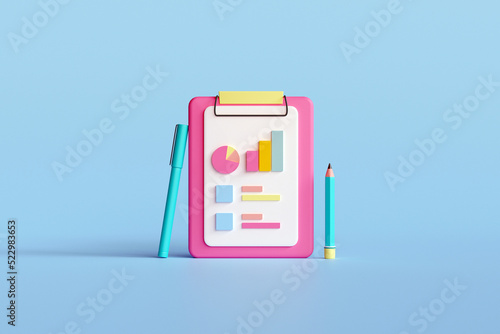 3d clipboard task management todo check list with pencil and pen. Checklist, to do list, questionnaire concept. 3d illustration. photo