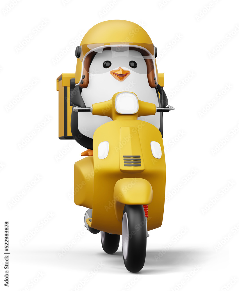 Cute penguin riding scooter, penguin delivery, 3d rendering Cute penguin riding scooter, penguin delivery, 3d rendering