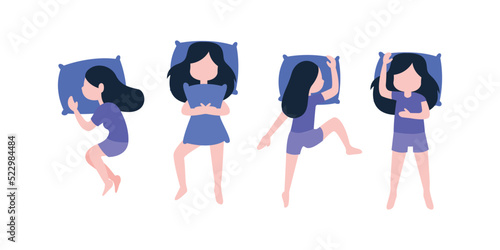 set of girls. Flat top view for sleeping. sleeping poses. vector illustration of a girl. relax