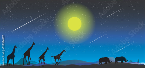 safari theme, giraffe standing on the night , the beautiful moon shines surrounded by starry sky. Kenya Safari.Amazing creatures around the world concept.