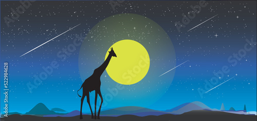 safari theme, giraffe standing on the night , the beautiful moon shines surrounded by starry sky. Kenya Safari.Amazing creatures around the world concept.