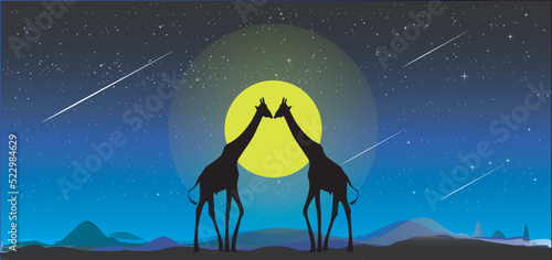 safari theme, giraffe standing on the night , the beautiful moon shines surrounded by starry sky. Kenya Safari.Amazing creatures around the world concept.