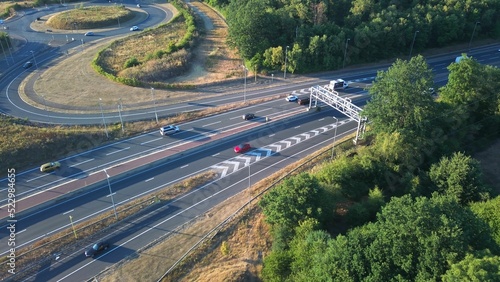 High Angle View of Luton Airport Junction Interchange of Motorways M1 J10 at Luton City of England UK. it is Connection Luton City and London Luton Airport Image Created on 11th August 2022 with Drone photo