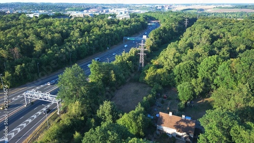 High Angle View of Luton Airport Junction Interchange of Motorways M1 J10 at Luton City of England UK. it is Connection Luton City and London Luton Airport Image Created on 11th August 2022 with Drone photo