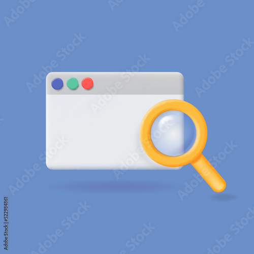 Simple browser window and magnifying glass. Browser search. 3d web searching concept Internet request vector