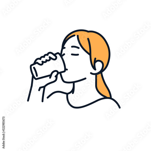 コップで水を飲む若い女性のシンプルなベクターイラスト素材	