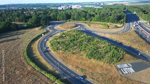 High Angle View of Luton Airport Junction Interchange of Motorways M1 J10 at Luton City of England UK. it is Connection Luton City and London Luton Airport Image Created on 11th August 2022 with Drone photo