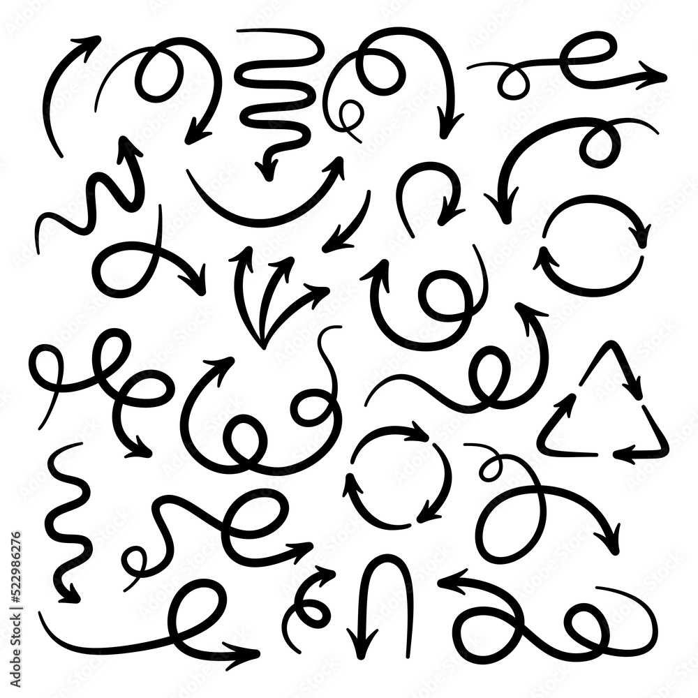 Hand drawn set black arrows icons vector in doodle style isolated on white background Hand drawn set black arrows icons vector in doodle style isolated on white background