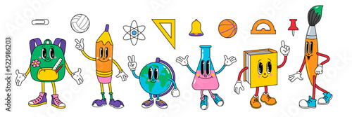 School characters vector illustration set - globe, textbook, drawing brush, pencil, backpack, flask. Trendy comic retro style.
