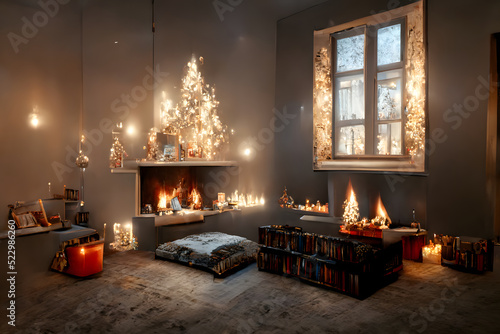 Slika na platnu cozy domestic christmas interior with window, bed, candles and fireplace - neura