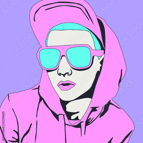 Fashion minimal illustration. Stylish urban street Girl look. Cap and sunglasses