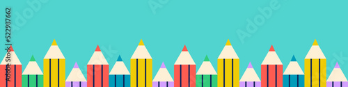 Welcome back to school horizontal banner. Colorful wooden pencils on turquoise background. Concept of education. Vector illustration, flat design