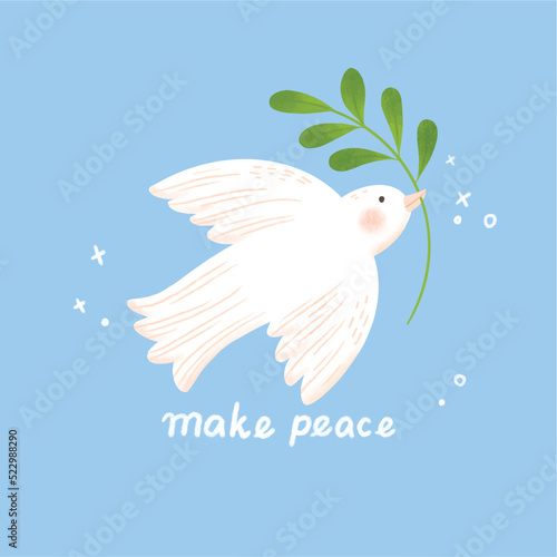 White dove biting peace olive branch leaf doodle vector illustration