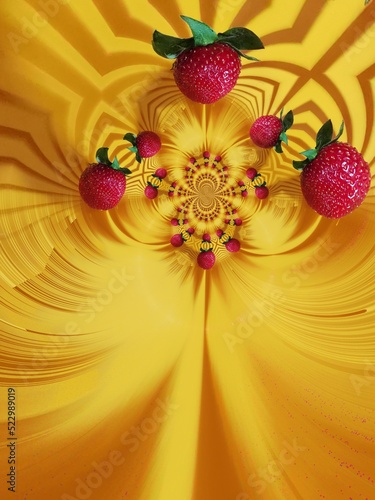 pattern and design from a single bright red ripe strawberry on a vivid yellow plastic tray