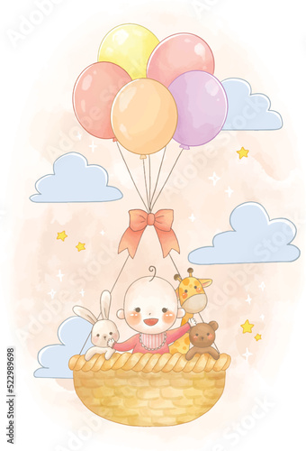 Cute Baby Girl with Bunny Teddy Bear Giraffe Riding Hot Air Balloon © kayuki