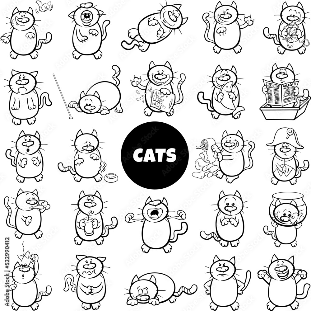cartoon cat characters large set color book page cartoon cat characters large set color book page