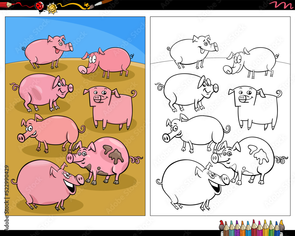 cartoon pigs farm animal characters coloring page Stock Vector Adobe