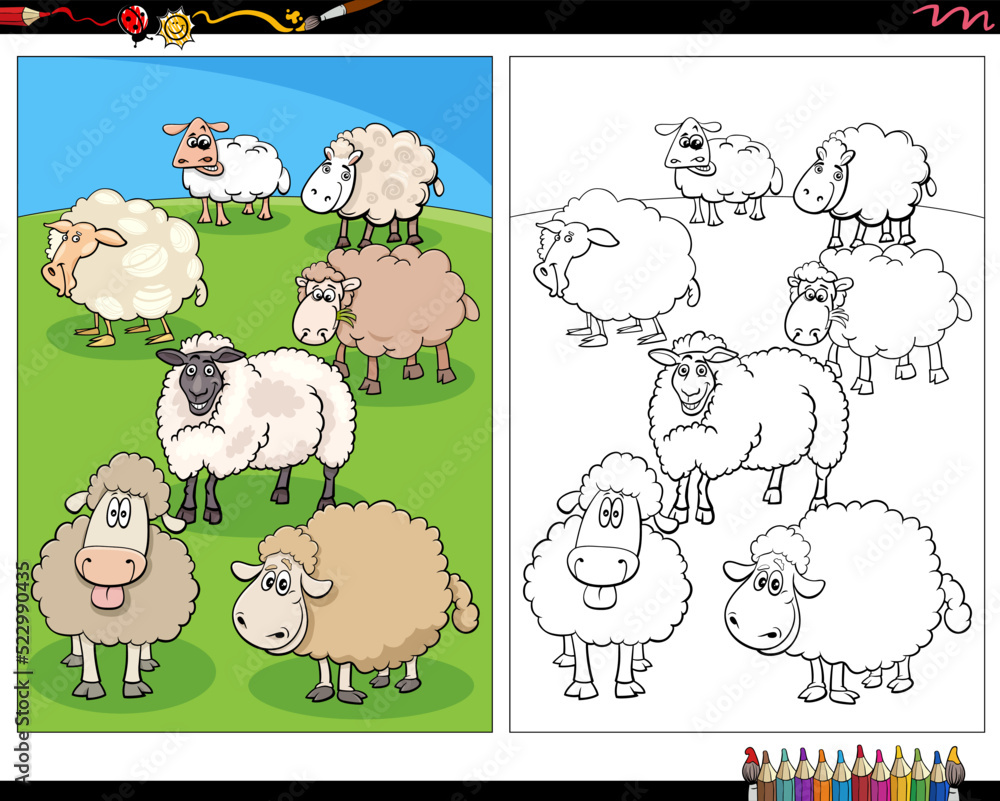 Fototapeta premium cartoon sheep farm animal characters coloring page