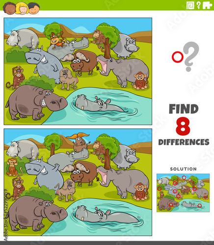 differences game with cartoon wild animal characters group