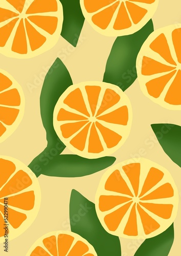 Cut oranges on orange backgroung. Illustration for background and wallpaper.