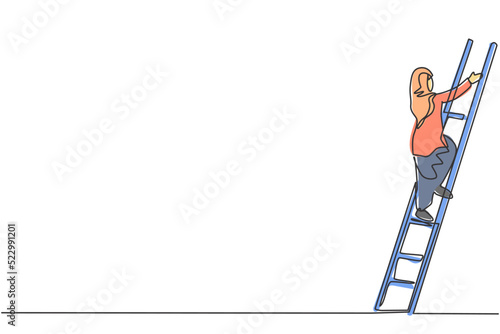 Single one line drawing of young smart Arab business woman climb the ladder up carefully, metaphor. Business growth minimal concept. Modern continuous line draw design graphic vector illustration