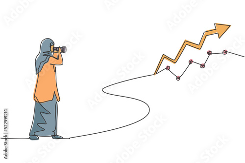 Single continuous line drawing young beauty Arabian manager looking sales report graph on wall. Professional businesswoman. Minimalism concept dynamic one line draw graphic design vector illustration