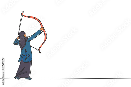 Single continuous line drawing of young beauty Arabian employee focus to aim the target using arrow bow. Professional businesswoman. Minimalism concept one line draw graphic design vector illustration